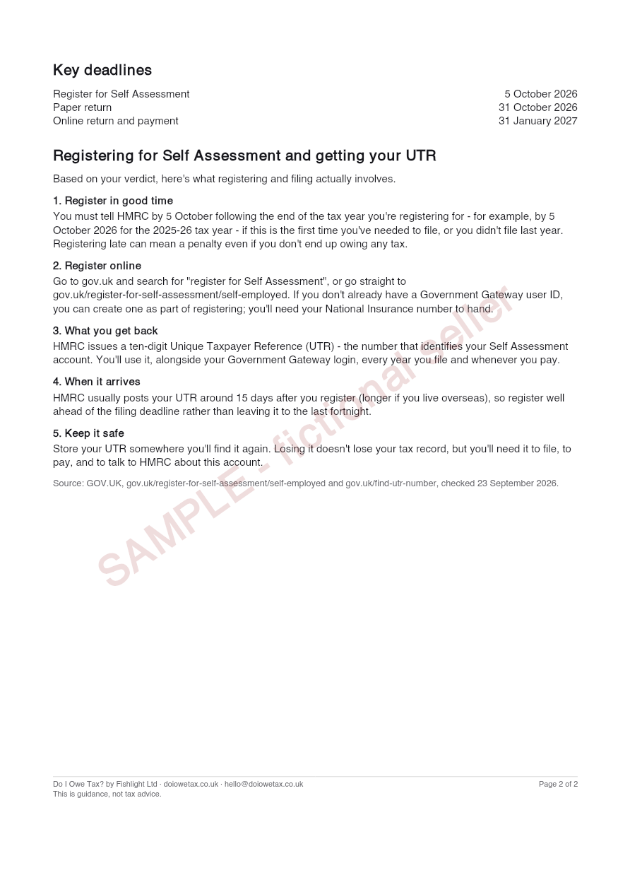 Page 2 of the sample report: the key filing deadlines and a step-by-step walkthrough of registering for Self Assessment and getting a UTR, watermarked "SAMPLE".